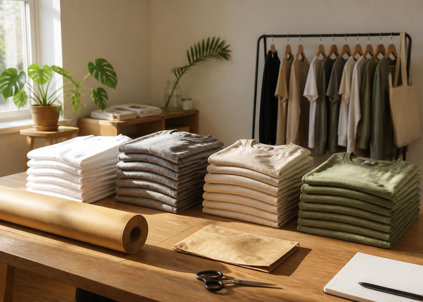 Folded Lucky Lemon tees in white, gray, beige and green stacked on a wooden table with mailers and scissors